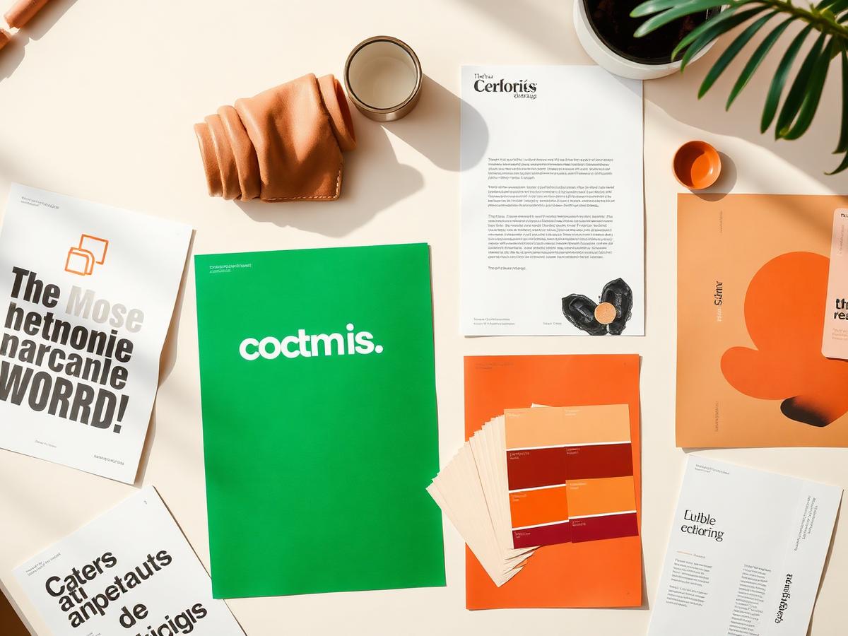Printed brand graphics and colour swatches laid out on a desk