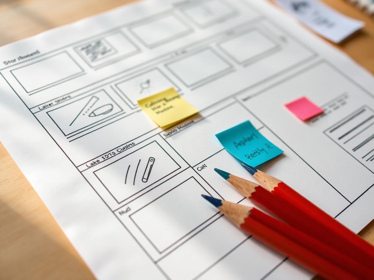 Storyboard frames sketched on paper with sticky notes
