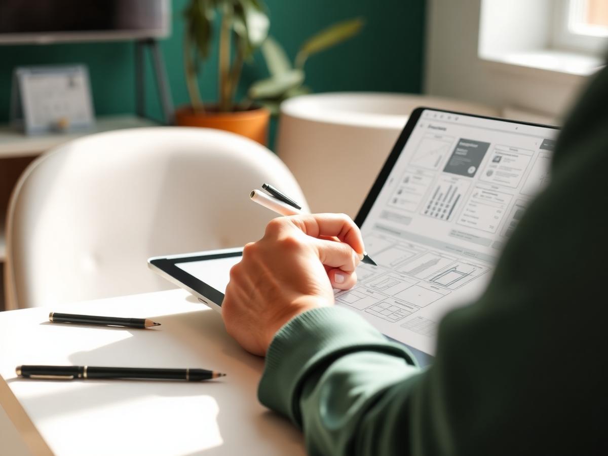 Designer sketching interface wireframes on a tablet